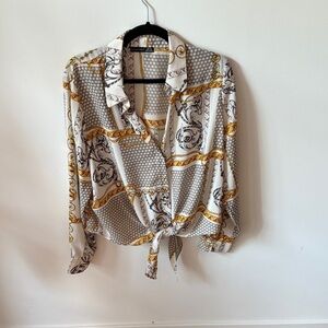 Black Tape Women's Blouse with Gold and Gray Patterns